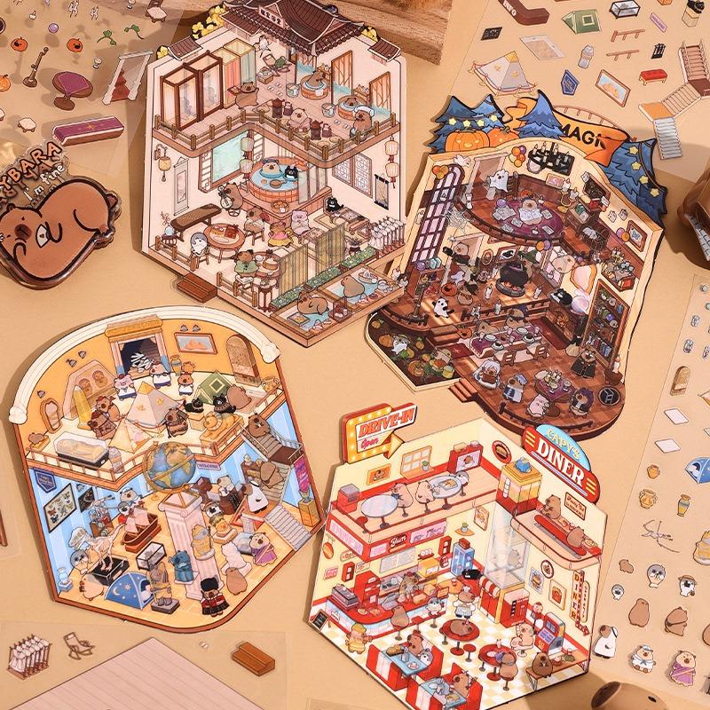Cartoon Capybara Landscape Sticker Kawaii 3D Miniature Scene DIY Cabin Scene Visual Stacking Pasting Sticker Gift for