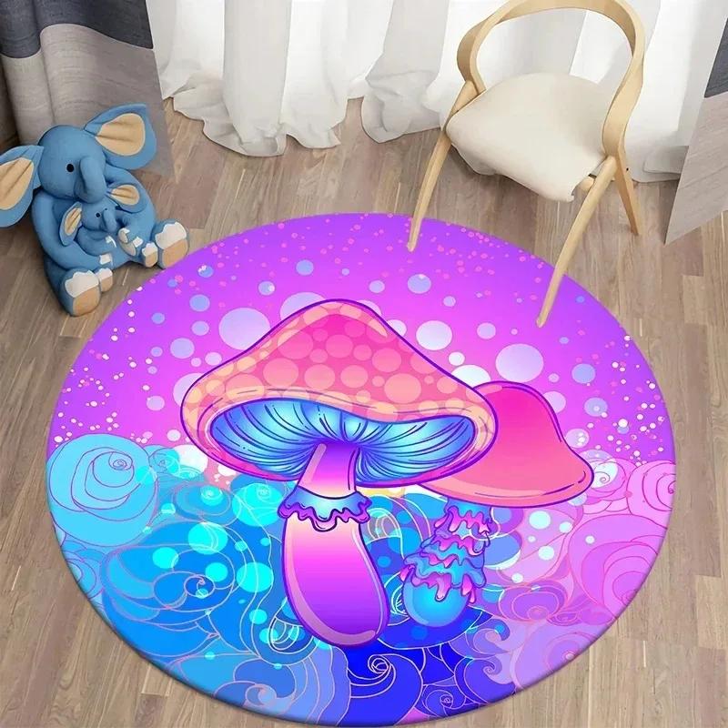 Vibrant Psychedelic Mushroom Pattern Round Bath Mat for Bathroom Decor Bohemian Hippie Style Area Rug