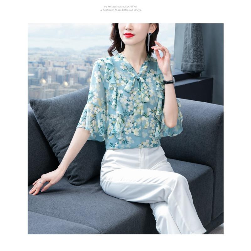 YYFS Women's Fashion Casual Summer Spring Flower Pattern Print 1/2 Sleeves V-Neck Blouses & Shirts