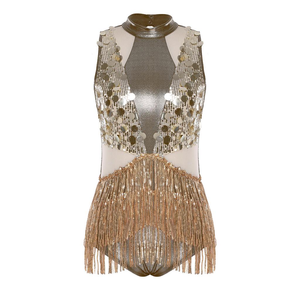 Womens Latin Dance Leotard Sequin Tassel Design Sleeveless Back Cutout Metallic Shiny Patchwork Bodysuit
