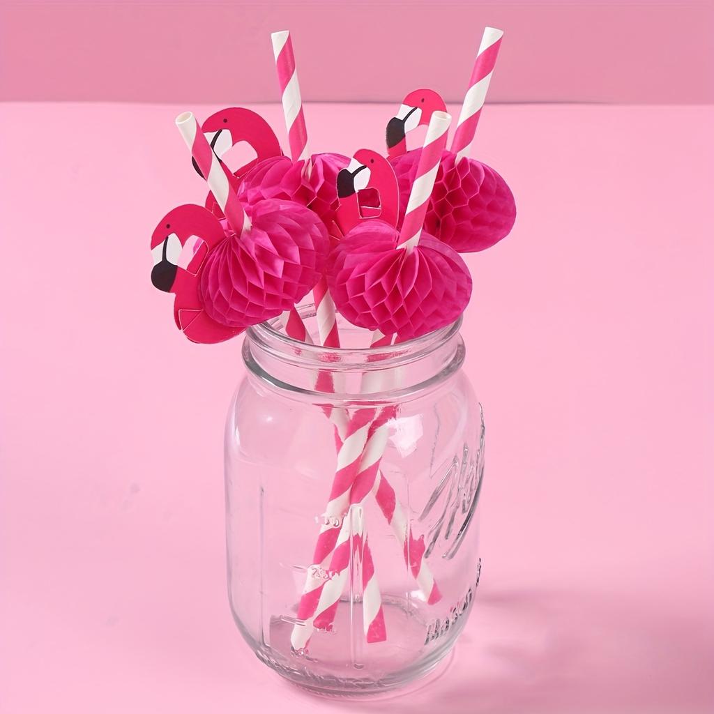 12pcs, Pink Flamingo Paper Straws, Summer Hawaii Aloha Party Supplies Tableware, Hawaiian Party Decorations Birthday Wedding Paper Drinking Straws