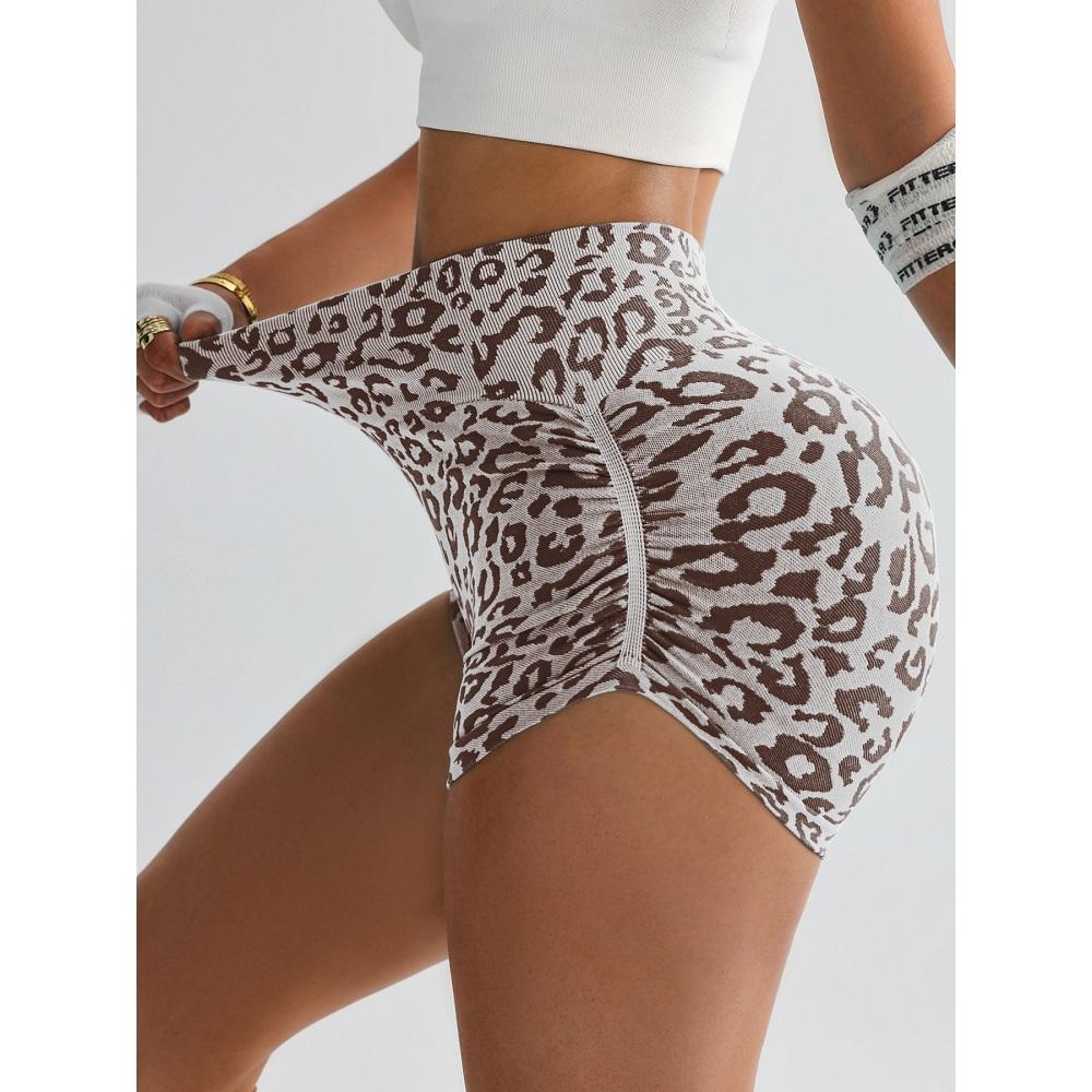 High Waist Slimming Yoga Shorts Women's Sport Running Fitness Shorts Tight Fitting Leopard Print Three-Quarter Length Outerwear