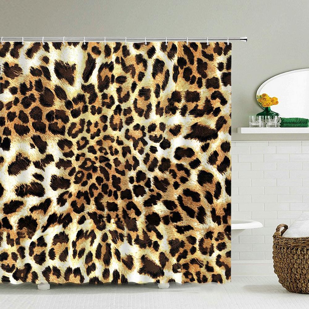 Cortina de Chuveiro Leopardo Moderna Cortina de Banheiro 3D Com Ganchos Tela Divisória Decorativa 180*240 Poliéster Tecido Lavável
