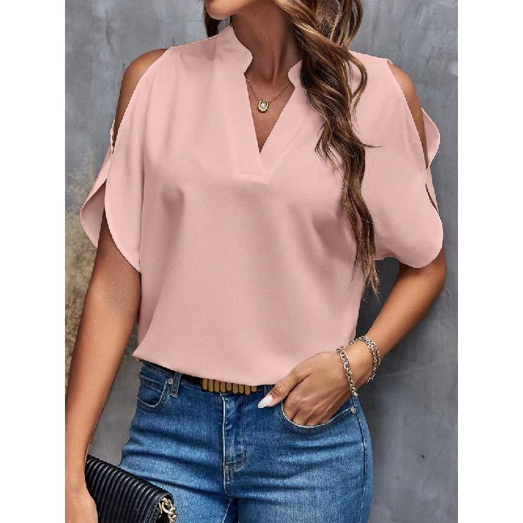 2026 Summer New V-neck Elegant Short-sleeve Fashionable Off-shoulder Women's Solid Color Top