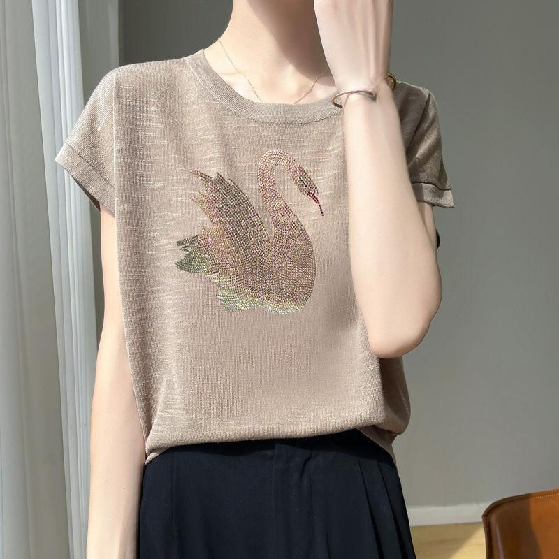 Cool Bamboo Short-sleeved Women's T-shirt Little Swan Hot Diamond Ice Silk Round Neck Bottoming Ladies Top
