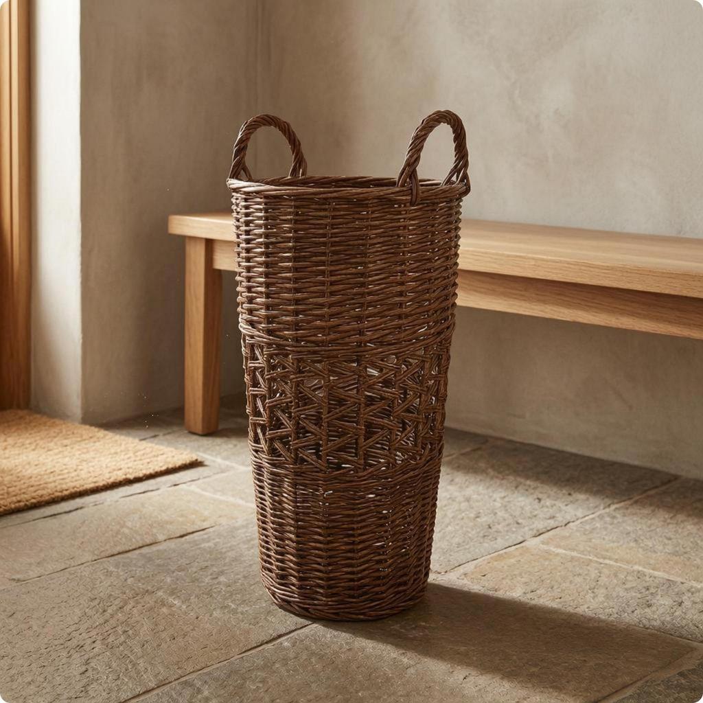 Tall Wicker Basket Crosshatch Band Handwoven Vintage Finish