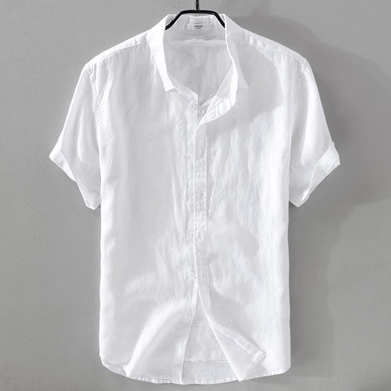 Men's White Cotton Linen Short-Sleeve Shirt - Casual Summer Wear