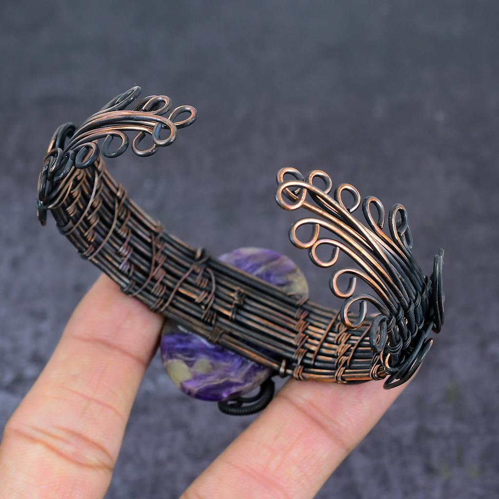Russian Charoite Gemstone Handmade Copper Wire Wrap Cuff Bangle Adjustable L5f10