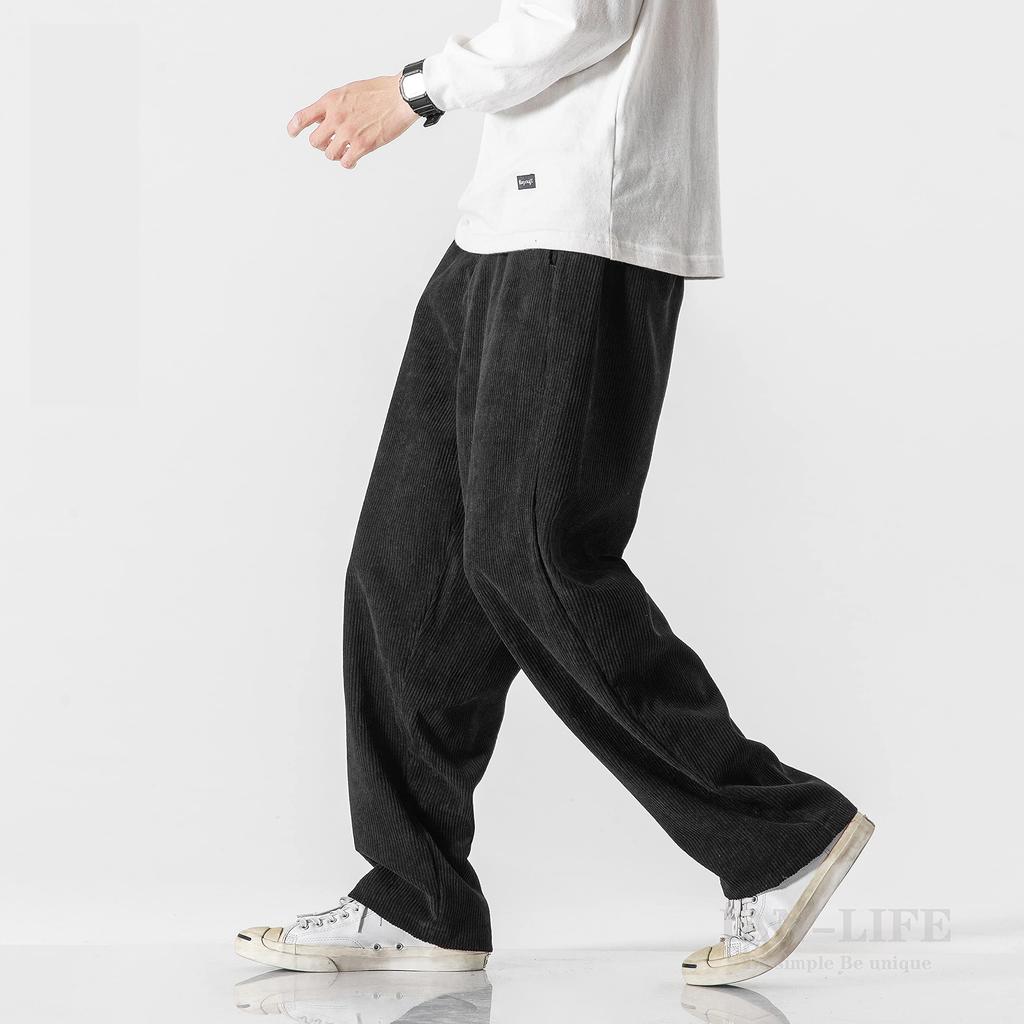 IAN-LIFE Men's Wide-Leg Corduroy Pants, Black, Size M