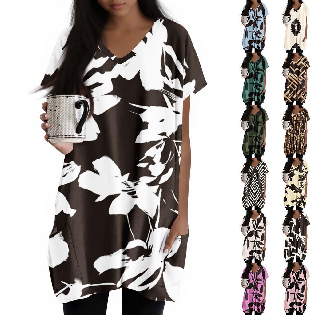 Womens Tops V-neck Short Sleeve Blouses Casual Mid-length Shirts Fashion Print Tunic Tops With Pockets