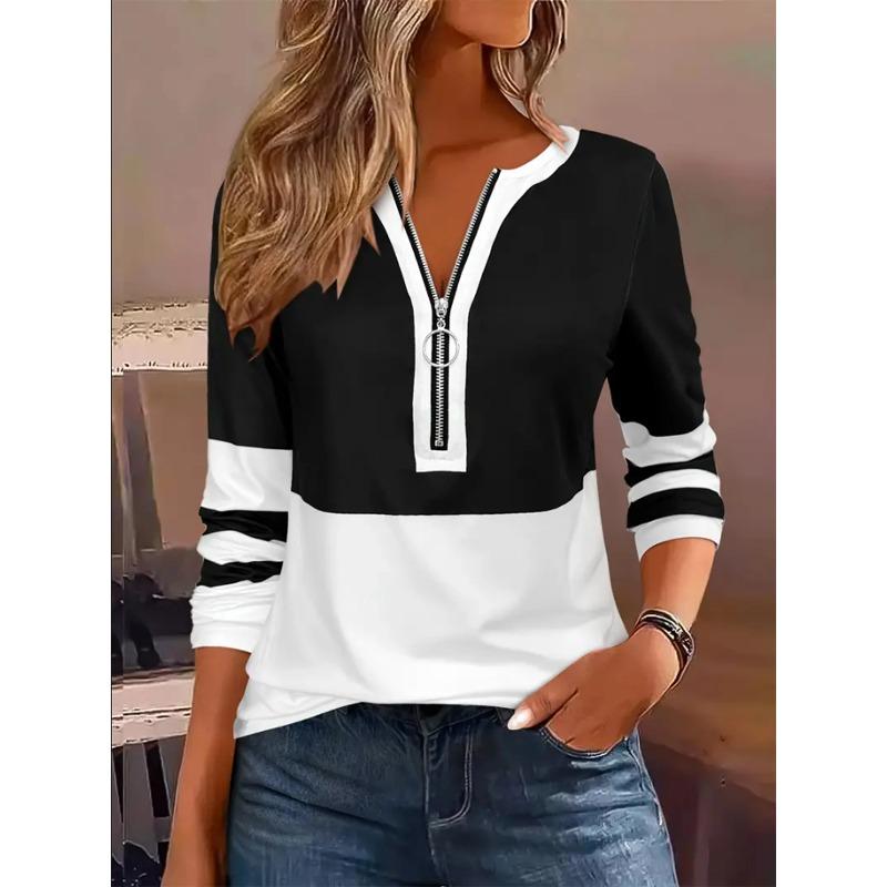 Plus Size Long Sleeve T-Shirt with Geometric Stripes Color Block Ring Zipper Detail  Fall Fashion