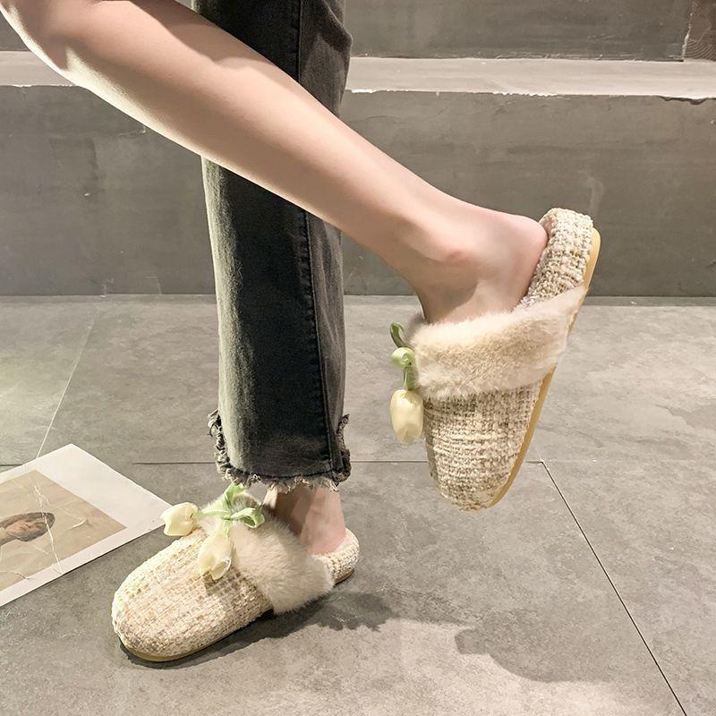 Fashion and cute warm bag head fluffy slippers women wear autumn and winter new flower bag head cotton slippers women