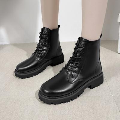 Moda Primavera Otoño Moda Color Negro Simplicidad Casual Botas de Mujer Punta Redonda Suela Plana Antideslizante Cordones Botines