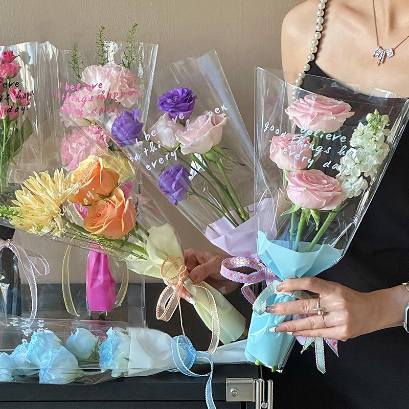 50 pezzi di buste per fiori con maniche a rosa singola, sacchetti per bouquet, in cellophane trasparente, involucri floreali per San Valentino