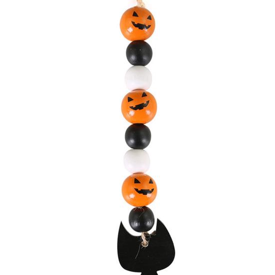 Halloween Wooden Beads Garland Hanging Pumpkin Ghost Bead with Cat Spider Witch Ornaments for Halloween Indoor Outdoor Tree Decor