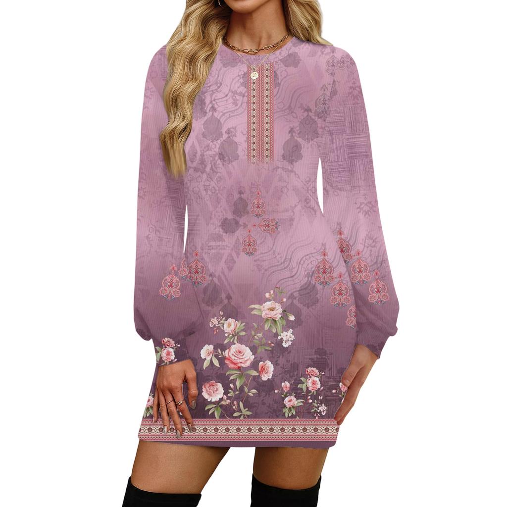 Damenmode Lässiges Rundhals Langarmkleid