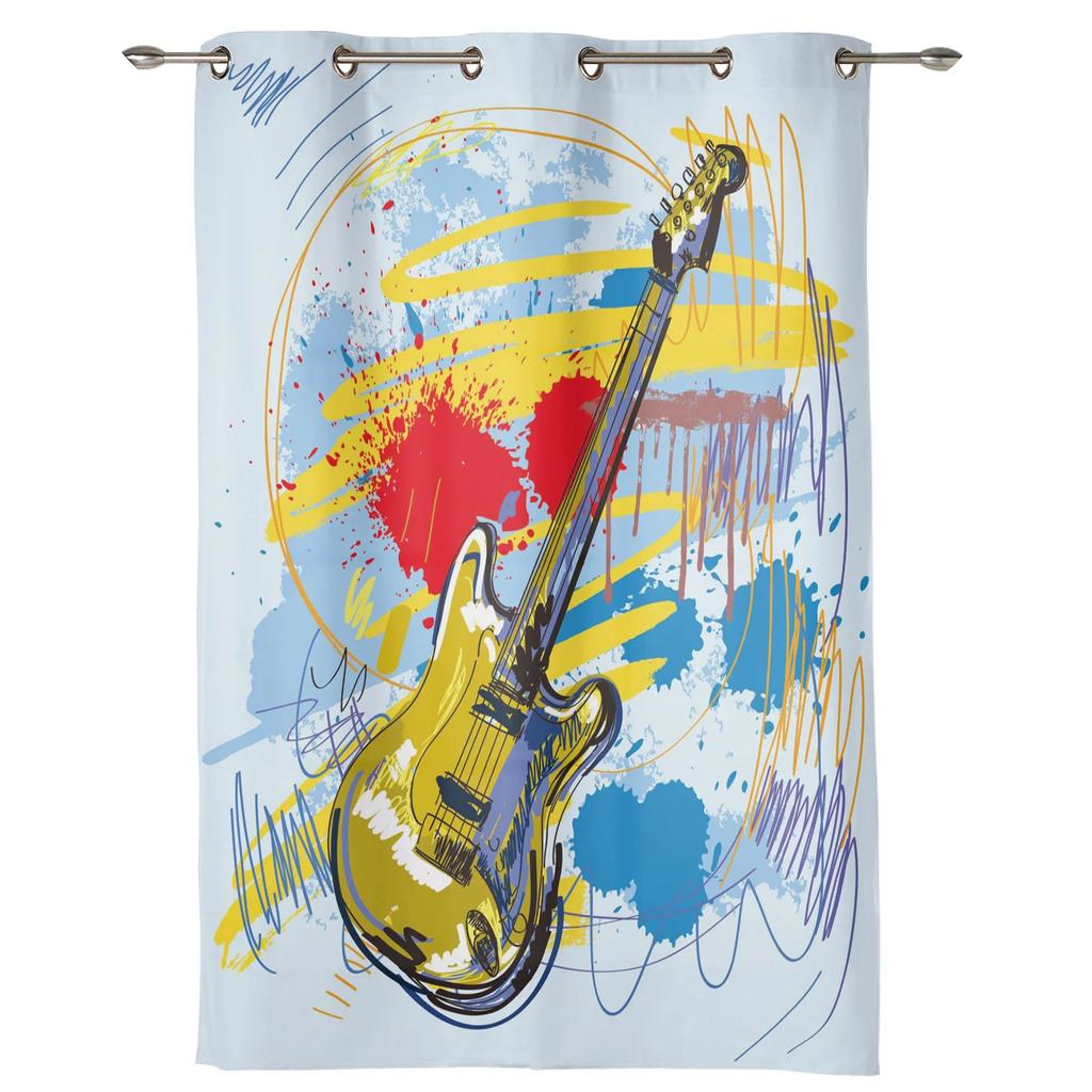 Tende Splash Art Colorate con Chitarra e Musica Rock per Camera da Letto, Soggiorno, Tende per Cucina, Stanza dei Bambini, Tenda per Finestra, Decorazione per la Casa