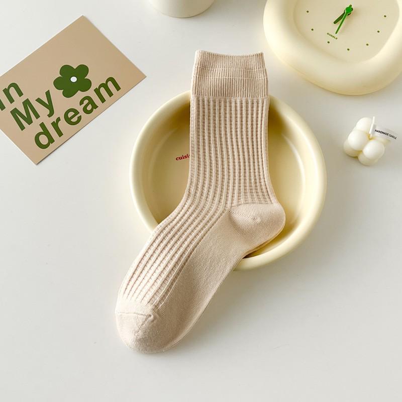 Japanese-Style Cotton Mid-Calf Socks with Waffle Texture and Macaron Fabric Label