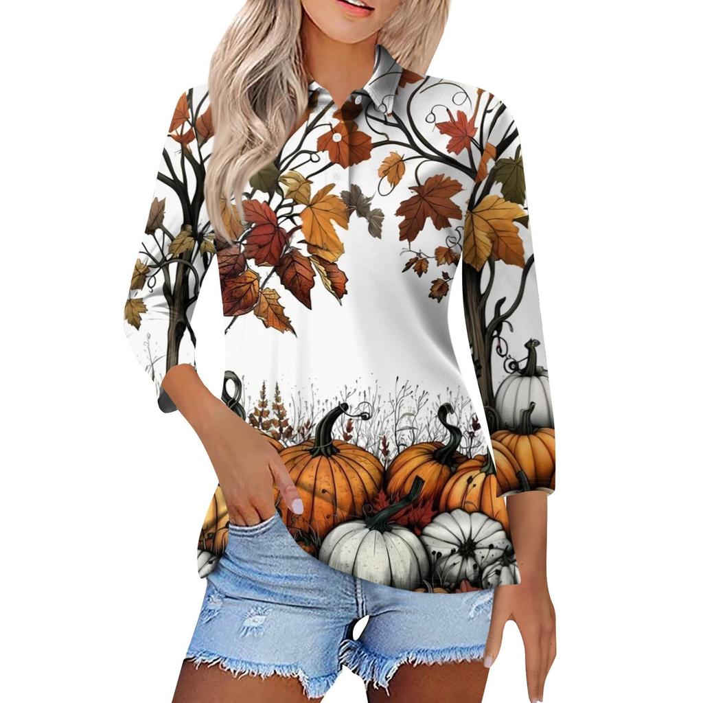 Women's Fashion Casual Lapel Short 3/4 Sleeve Halloween Print Shirt Women's Button Up Tops