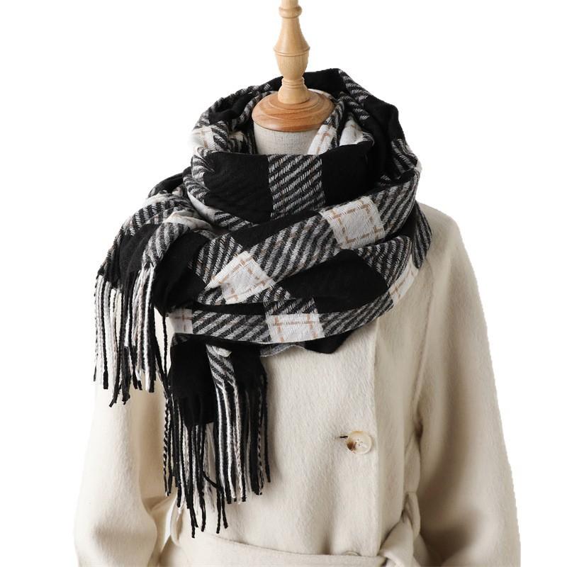 Șal Eșarfă Caldă Simplă Plaid Cașmir Imitație, Atmosferă de Modă Must-Have Toamna și Iarna, Eșarfă Versatilă cu Franjuri