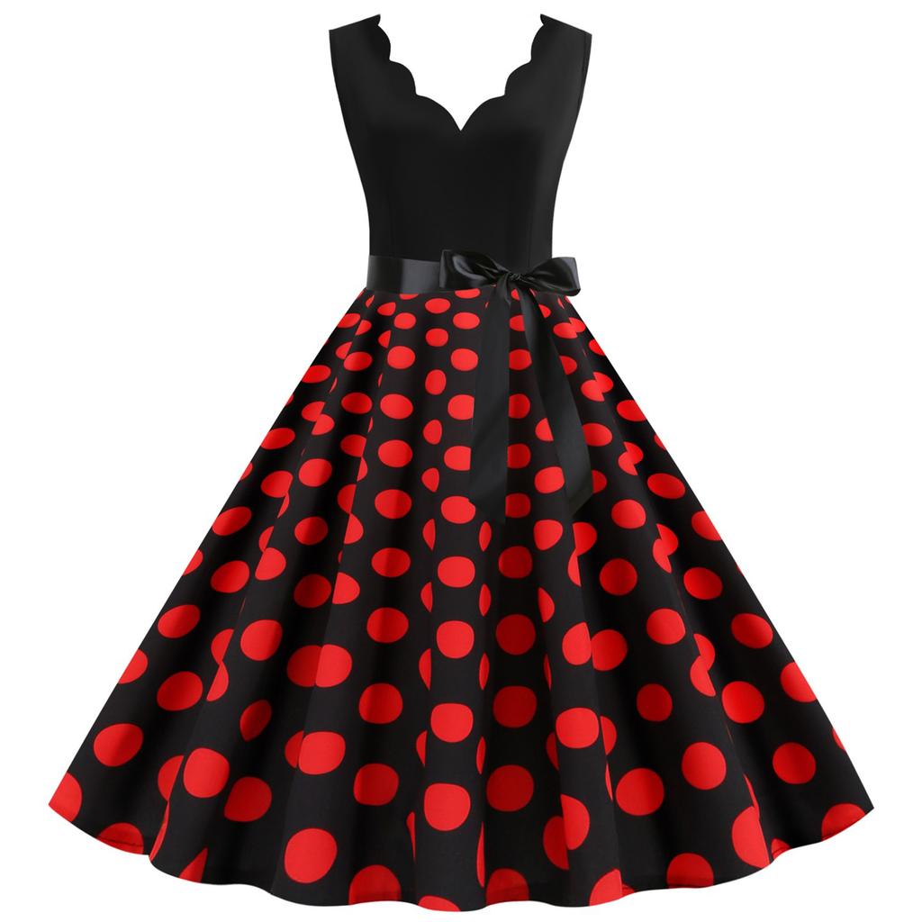 Women's Retro Wave V-Neck Sleeveless Patchwork Polka Dot Printed Large Skirt Dress