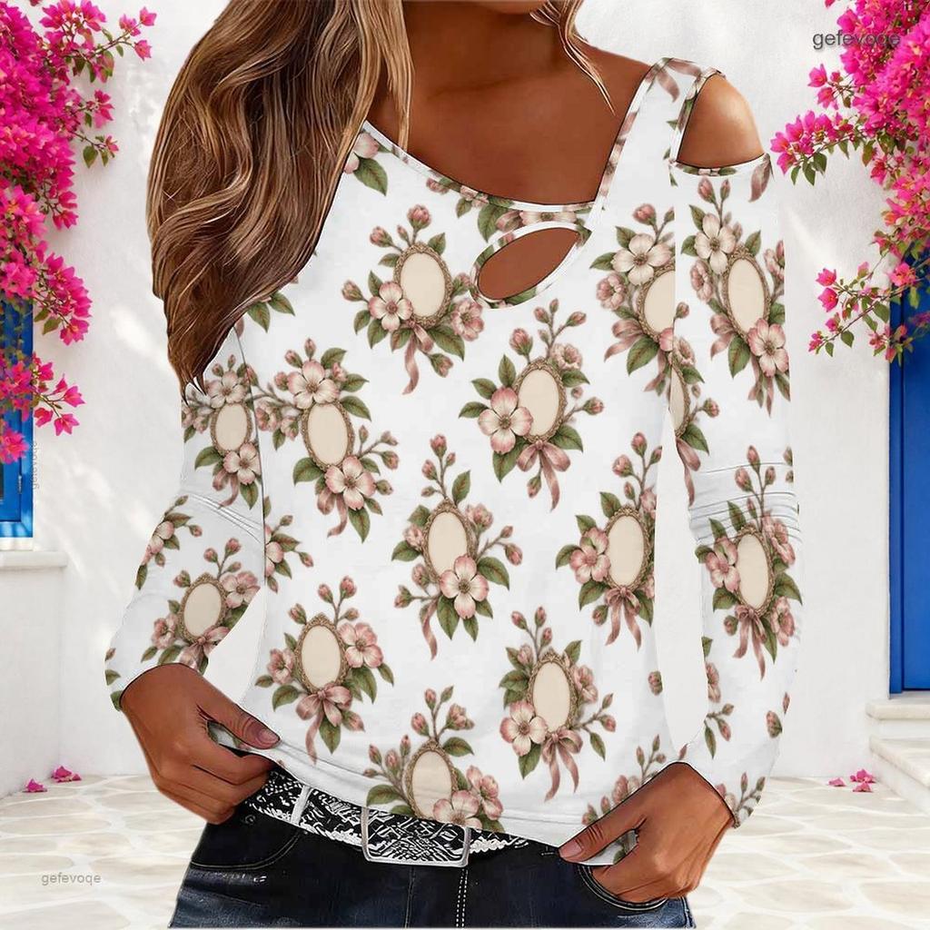 Women Plus Size White Asymmetric Cutout Neck Cold Shoulder Long Sleeve Floral Printed Top