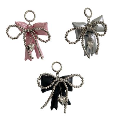 Elegant PU Leather Bowknot Keychain With Pearls And Silver Heart Charm For Women Girls Handbag Purse Accessories