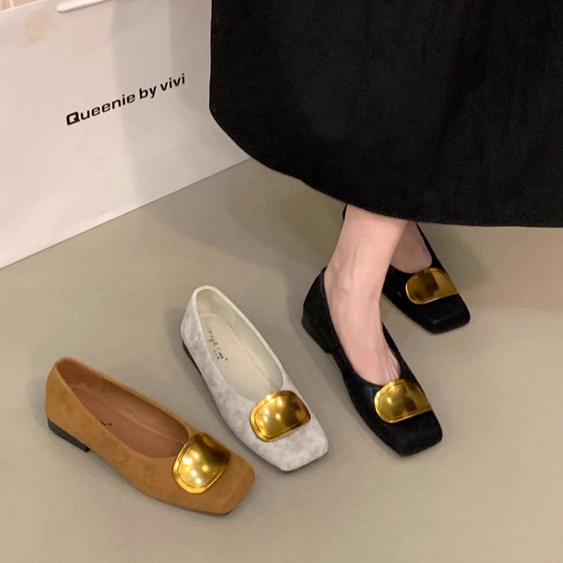 Fashion SUOJIALUN 2025 Autumn New Brand Women Flat Shoes Fashion Gold Buckle Square Toe Shallow Slip On Boat Shoes Flat Heel Single Shoe