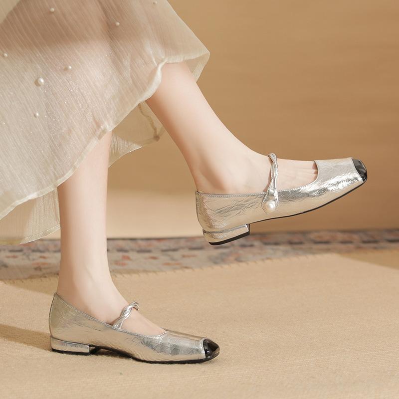 2309 Flat Shoes Women's Thick Heel New Square Head Color Matching Word with Mary Jane Shoes French Splicing Light Mouth Single Shoes