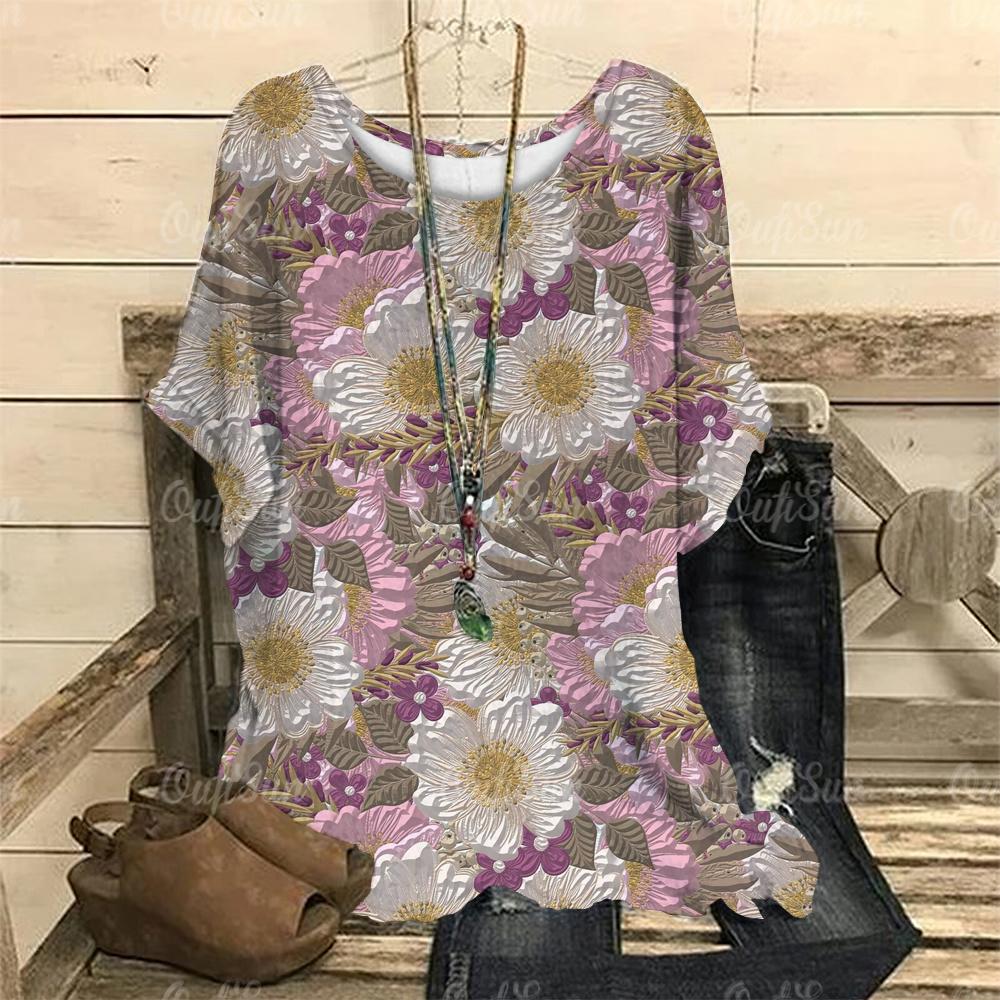 

Весенняя женская футболка свободного покроя с элегантным цветочным принтом и круглым вырезом, женская одежда, летняя футболка с коротким рукавом, женский пуловер Harajuku 2XL