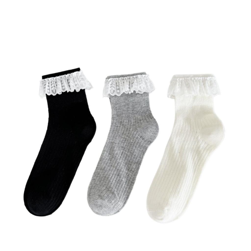 Solid-color Women's Spring and Summer Breathable Thin Combed Cotton Lace Short Socks