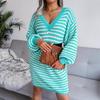 Herbst Winter Damen Locker Gestricktes Kleid Langarm V-Ausschnitt Streifen Aushöhlen Wollig