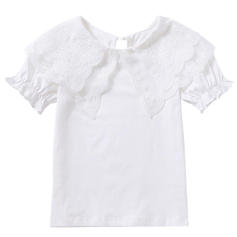 Premium Mädchen Weißes Spitzenkragen Baumwoll-T-Shirt - Sommer Kurzarm für Kinder