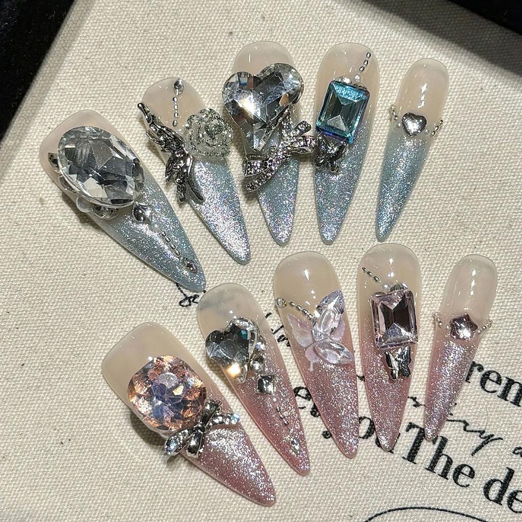 Handmade Long Stiletto Press On Nails Reusable Butterfly Diamond Decor Full Cover Artificial False Nails