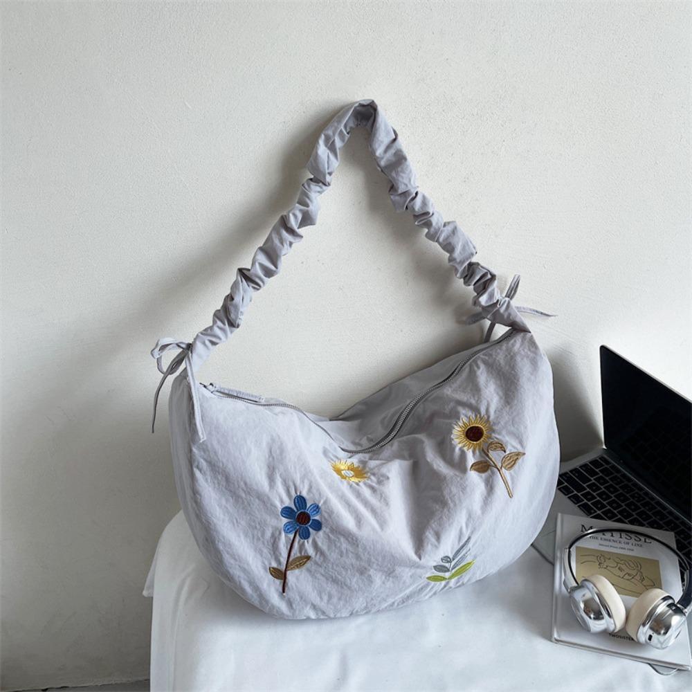 

Drawstring Flower Embroidery Tote Bag Korean Style Oxford Cloth Shoulder Bag Girls синий