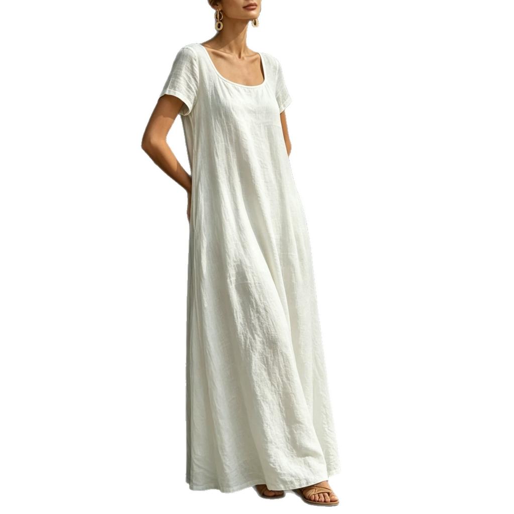 Cross-border foreign trade Amazon popular summer dress U-neck short-sleeved loose pendulum long dress casual solid color women's clothing