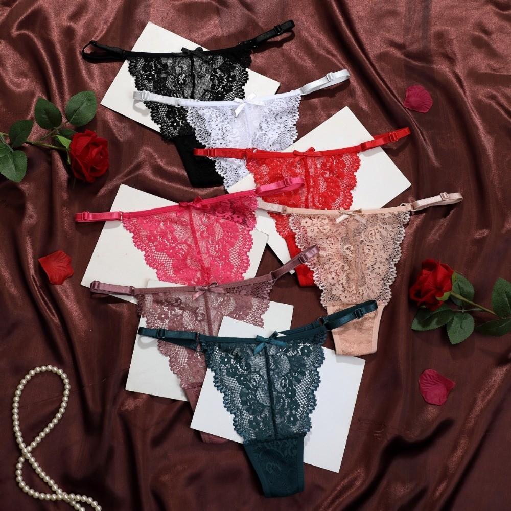 Breathable Soft Lace Flower Thongs Solid Color Underpants Low Waist Briefs Lingerie Traceless T-back Panties Daily Wear