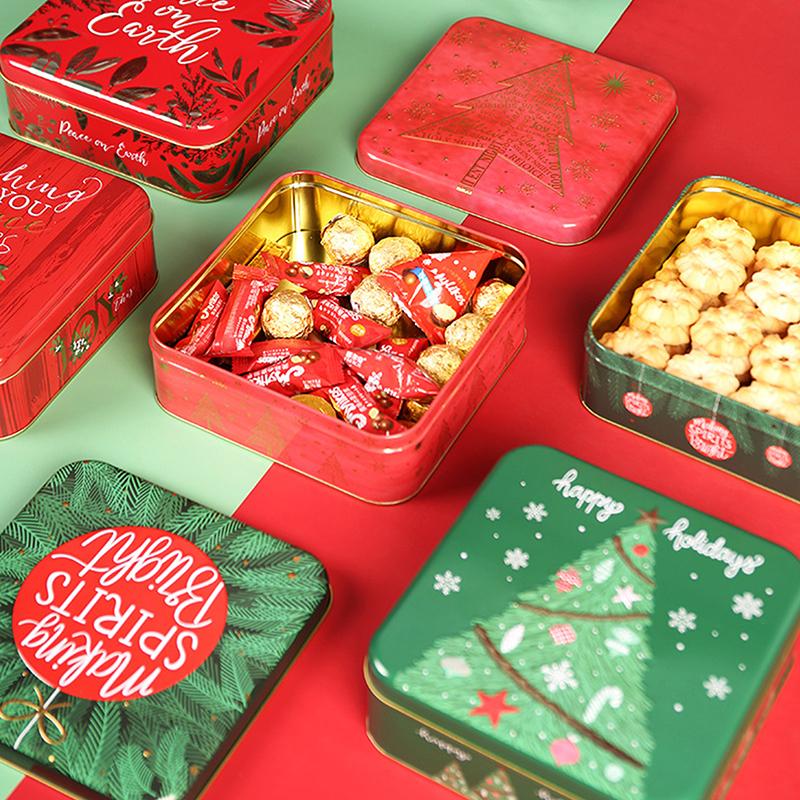Cute Cartoon Christmas Candy Storage Box Tinplate Square Gift Box Xmas Candy Cookie Box Home Storage Large Capacity Metal Can