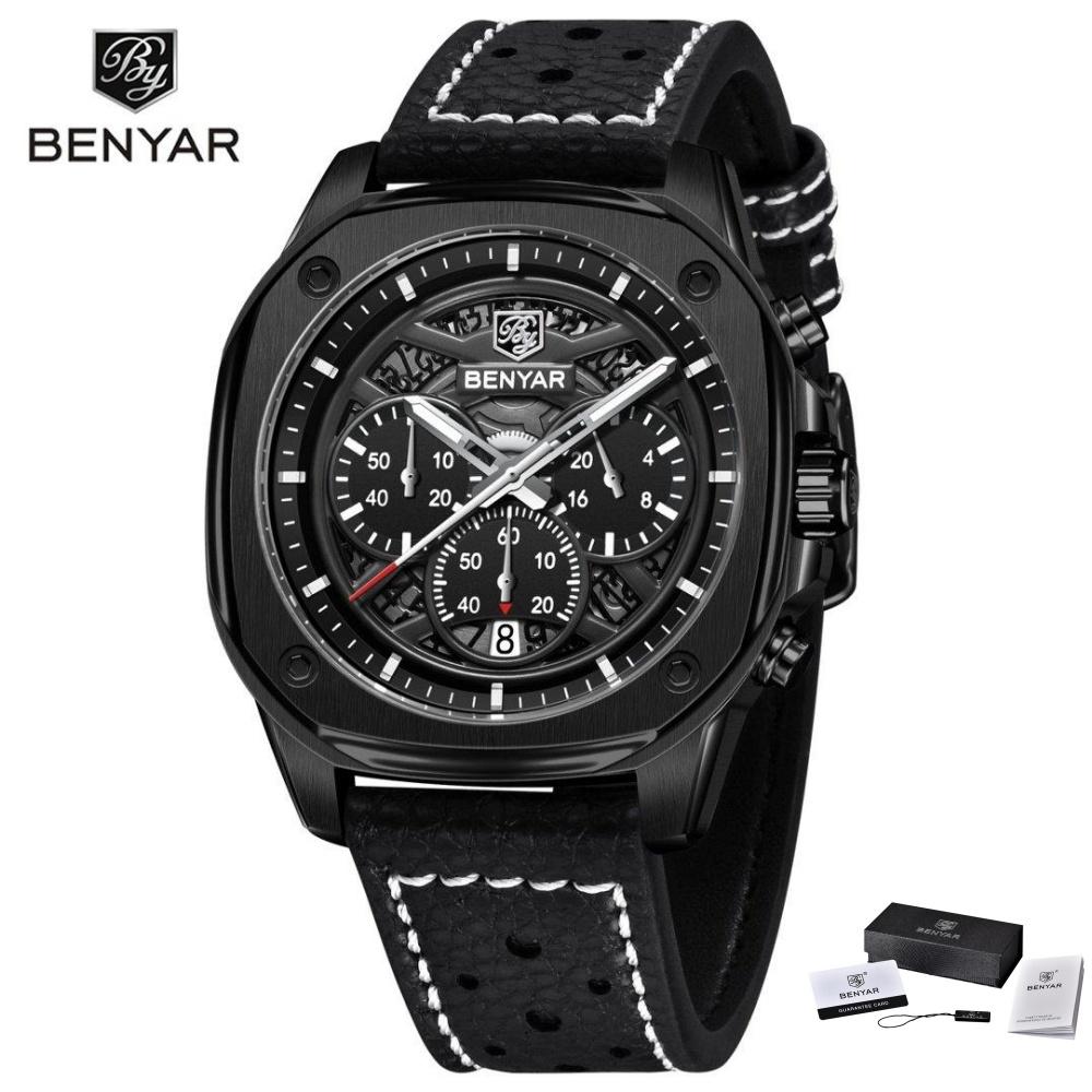 BENYAR Fashion Men Quartz Watch Stainless Steel Strap Retro Sports Watches For Man Calendar Luminous Waterproof Reloj Hombre