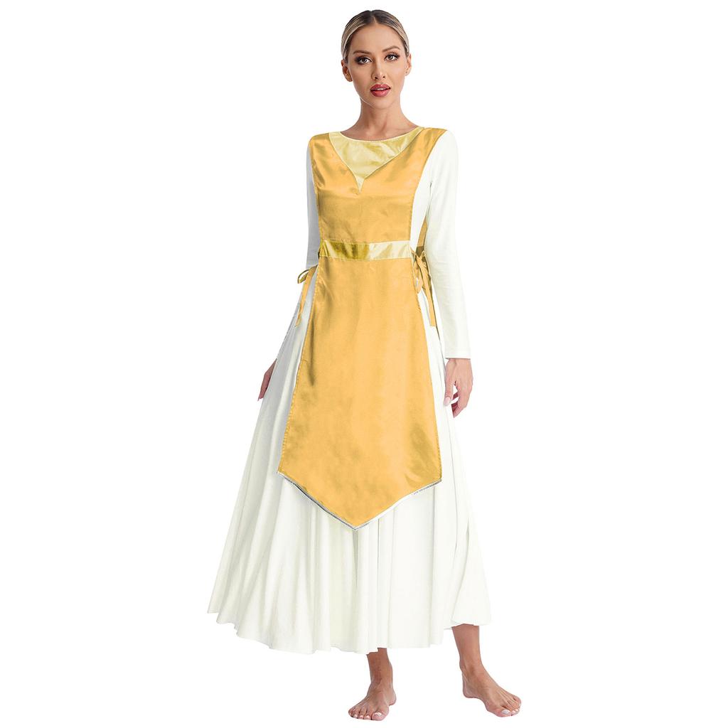 Women Church Worship Robe Choir Performance Tunic Metallic Patchwork Lace Up Sides Split Satin Dress