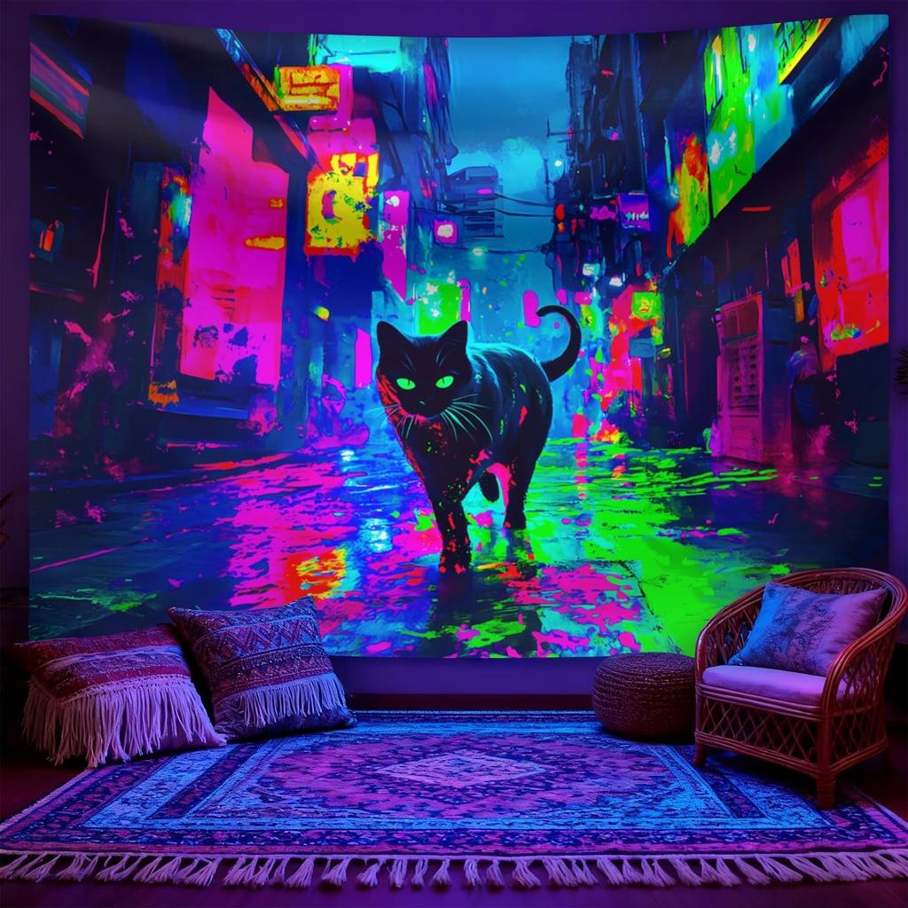 Cyberpunk Neon Cat Wall Tapestry Home Decor Art Polyester Throw Blanket Street Style Loft Living Room Decor Poster Hanging Print