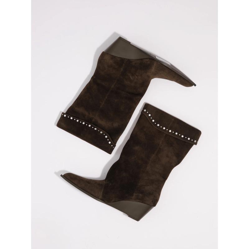 Sheepskin version retro suede pointed-toed tall boots, slope heel pleated stacked boots, women's rivets decorative western cowboy boots