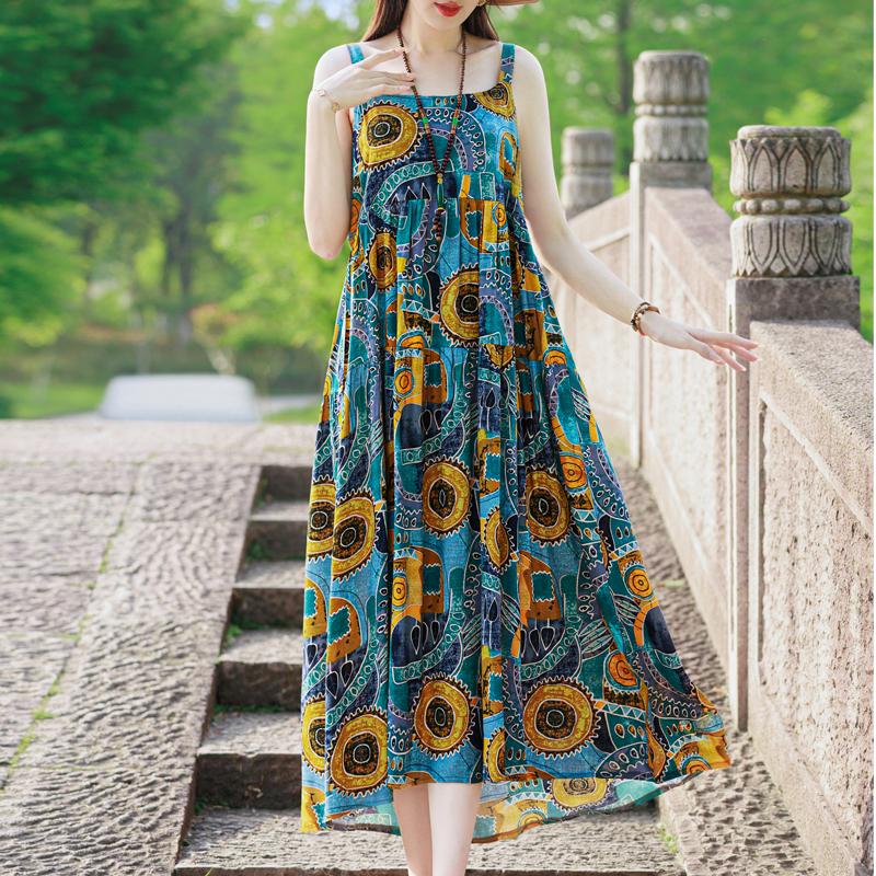 Elegant Sling Dress for Women Plus Size Casual Summer Long Dress Vintage Middle-aged Women's Clothing