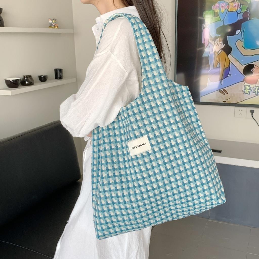 Korean Refreshing Lake Blue Shopping Bags Fashion Plaid Handheld Shoulder Bag Student Class Cloth Bag