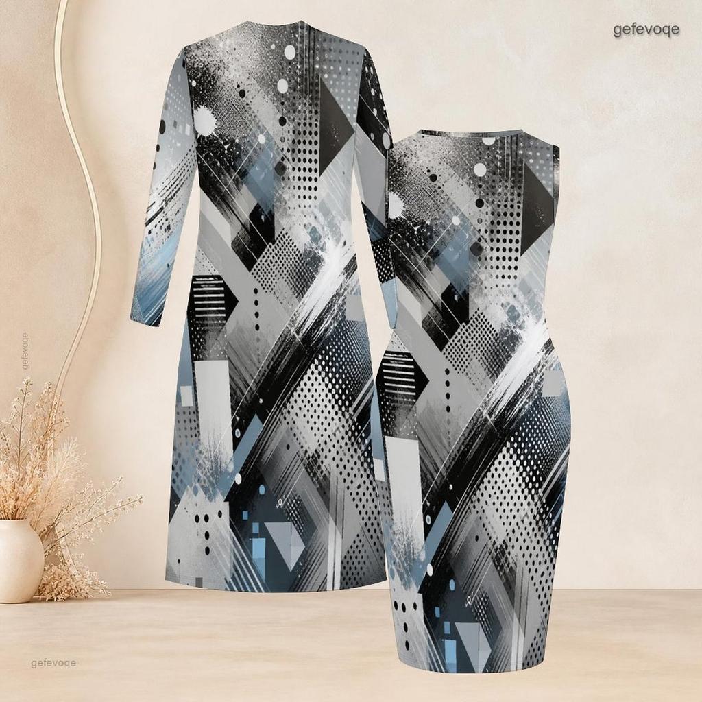 Women Plus Size Two Piece Set Long Sleeve Open Front Cardigan Crew Neck Sleeveless Bodycon Dress Geometric Printed Black Gold Gray