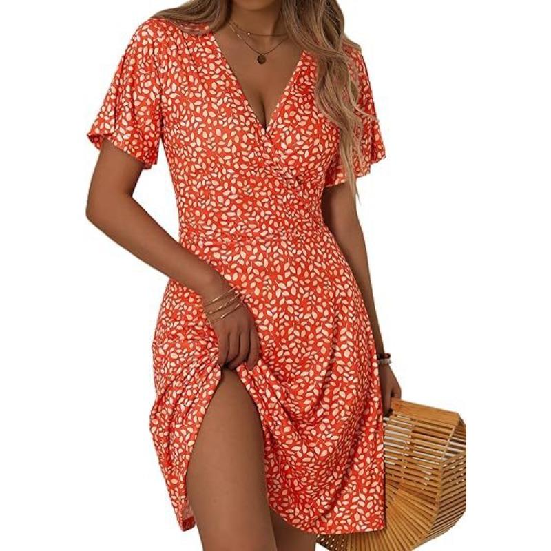 Popular, Summer Floral Short Sleeve Wrap V-Neck A Line Midi Dress
