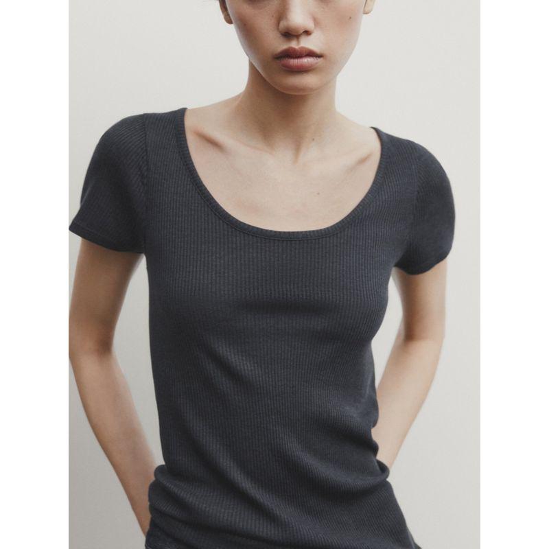 Za2024 Summer New Product Women's Clothes Casual Wind Pure Color Silm Rib U-Shaped Collar Short Sleeve T-shirt 06852578818
