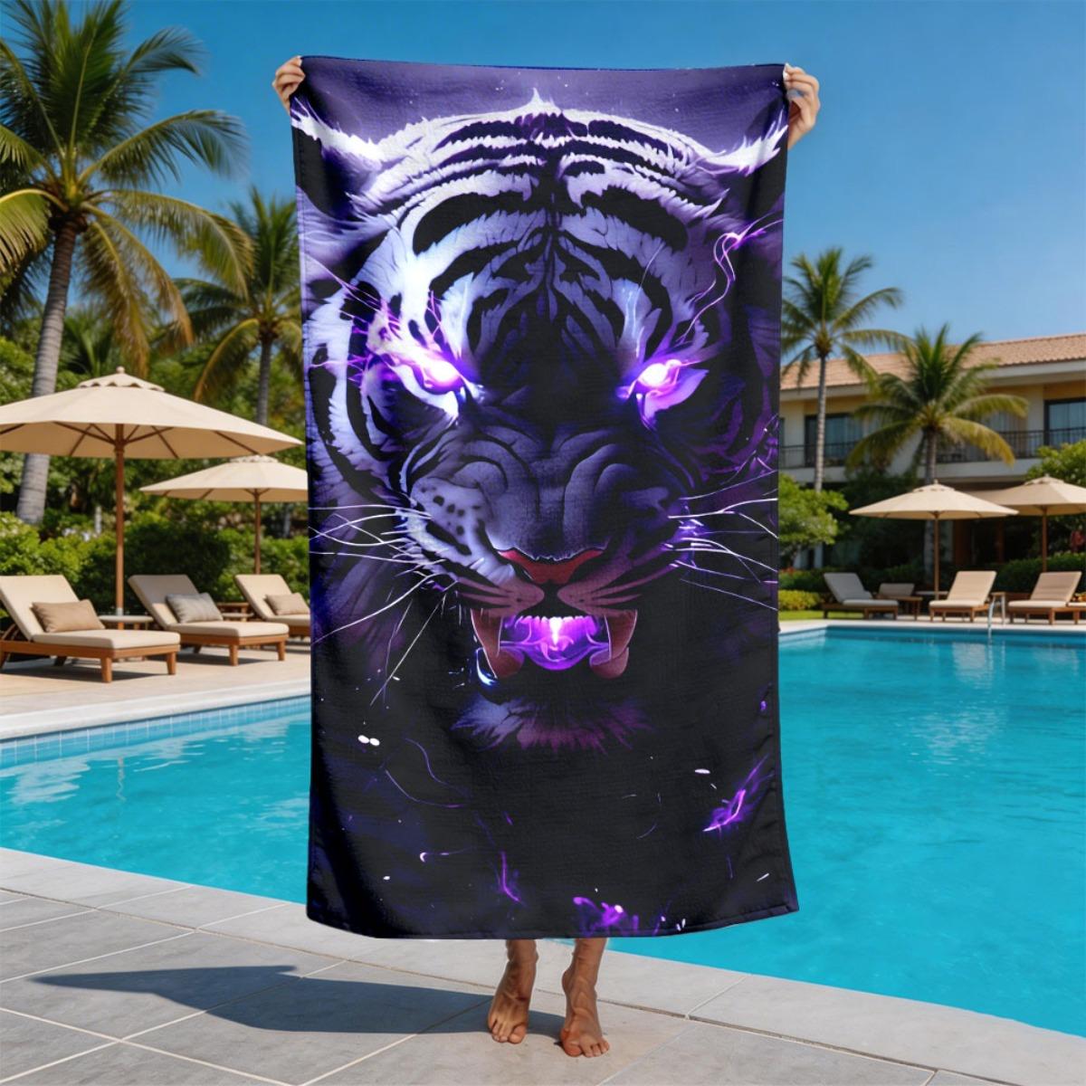 

Purple light pattern with tiger design polyester microfiber beach towel is highly absorbent, suitable for swimming beach outings W30*H60(CM)