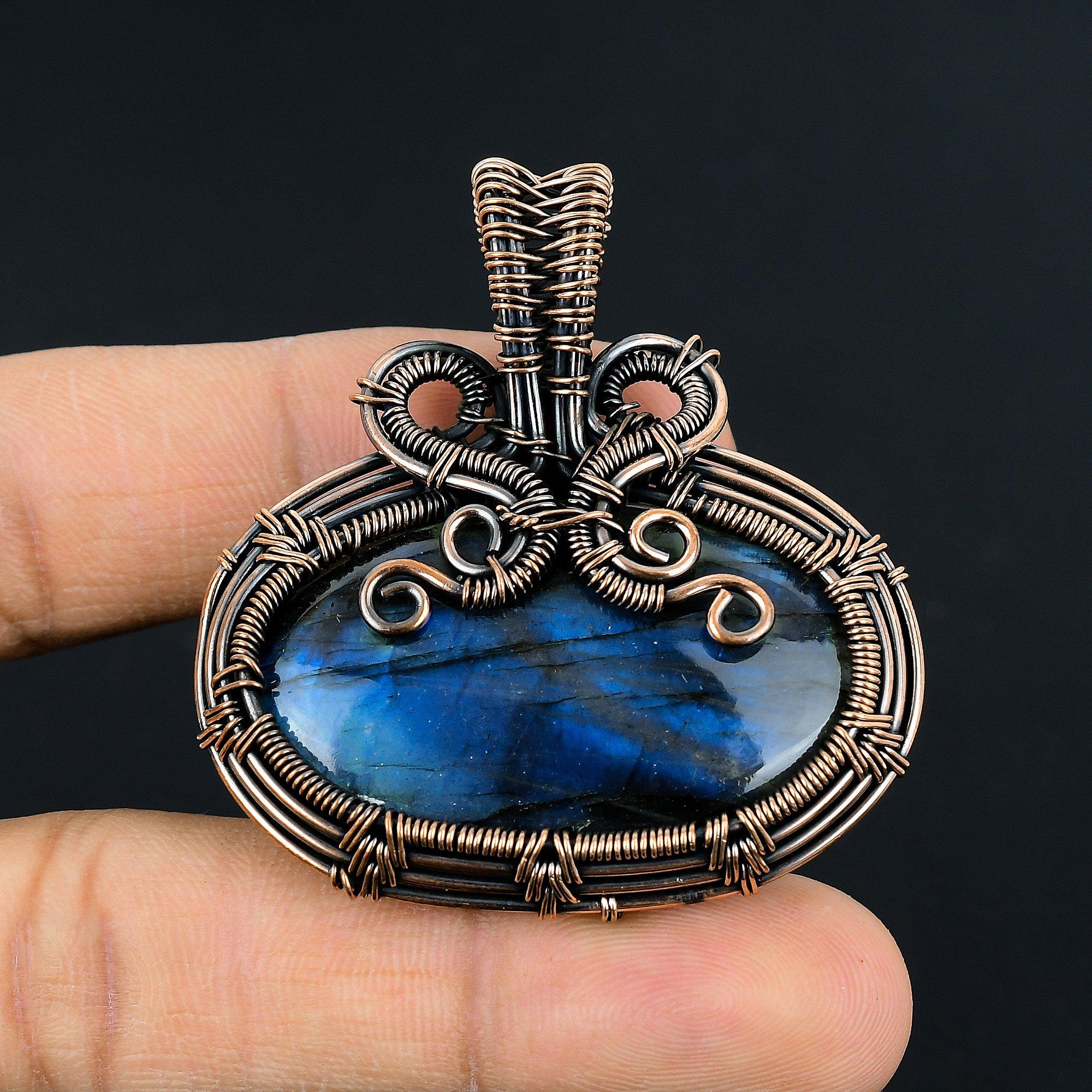 

Подвеска ручной работы из лабрадорита с голубым отблеском, украшения из натуральных драгоценных камней, подвеска, обернутая медной проволокой 999 пробы, для подарка 2.55 Inches