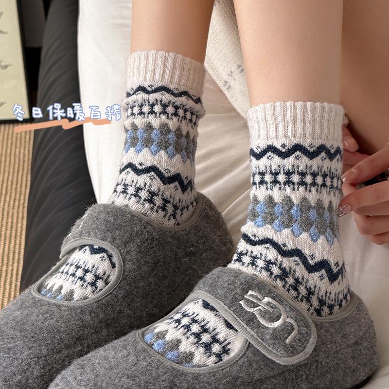 Damen Vintage Fair Isle Wollsocken, Verdickt Warm Wadenlang, Herbst Winter, Kaffeefarben, Kniehoch.
